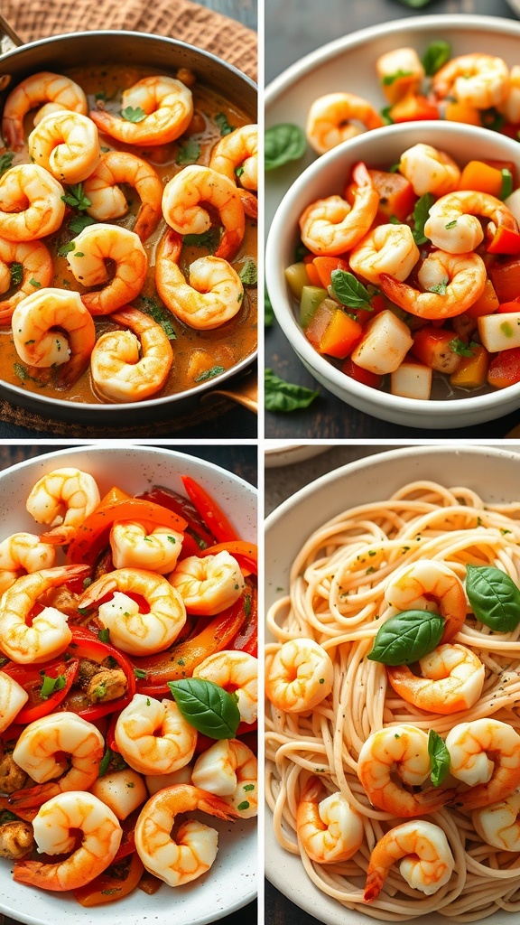 A collection of four shrimp dishes including garlic butter shrimp, shrimp ceviche, spicy shrimp stir-fry, and creamy shrimp pasta, artistically arranged on a table.